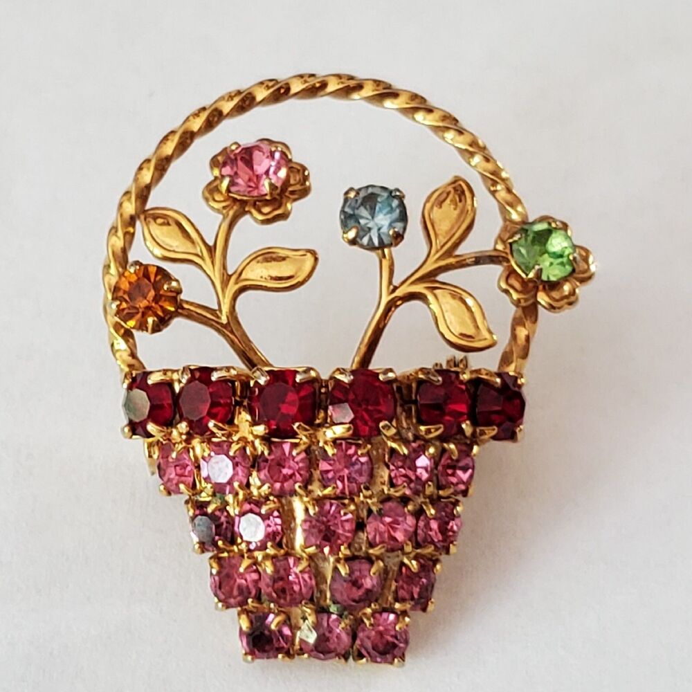 Vintage Rhinestone Brooch Pin Jewelry 3D Flower Basket Red Pink